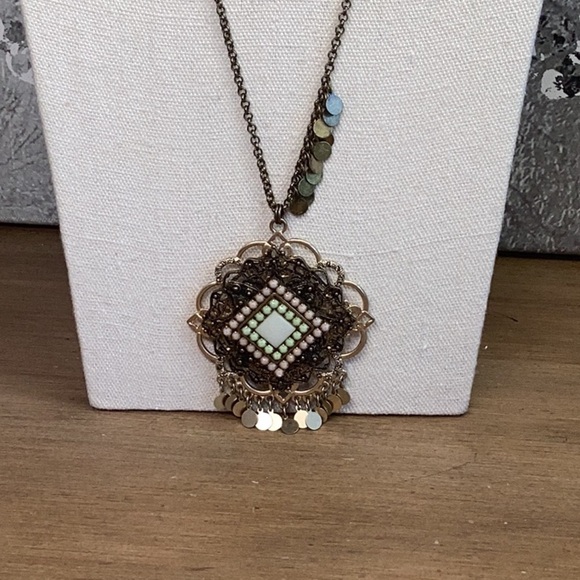 Chico’s Gold Pink Green Pendant with Dangle Necklace - Picture 2 of 4